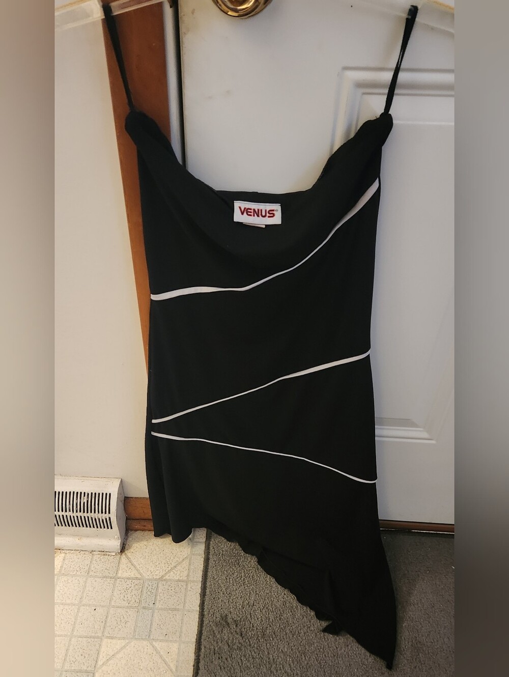 Women's VENUS Black Asymmetrical Slip Dress with White Piping Detail